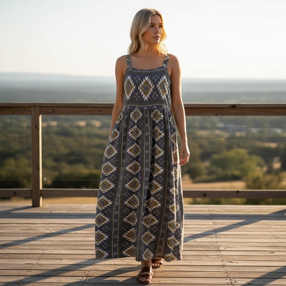 Sonoma Womens XXL Maxi Dress Grey Southwestern Linen Blend Smocked Pockets Boho